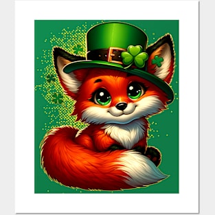 St. Patrick's Day Cute Fox in Green Hat with Shamrock Decoration Posters and Art